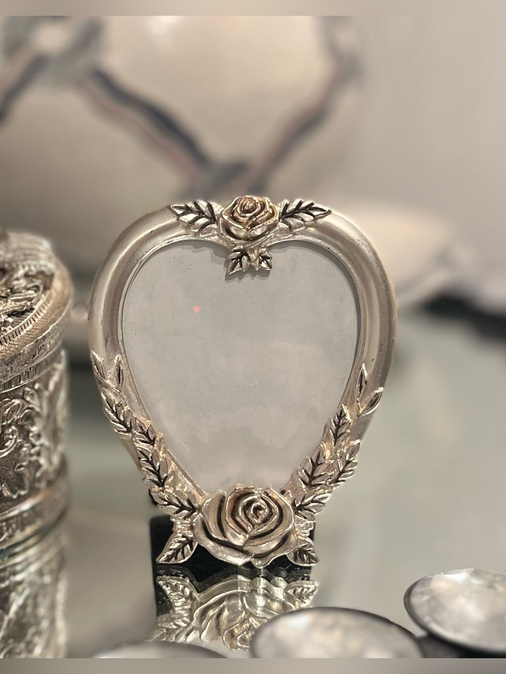 Vintage Mini Silver Heart Picture Frame Ornate Rose & Leaf Relief Design